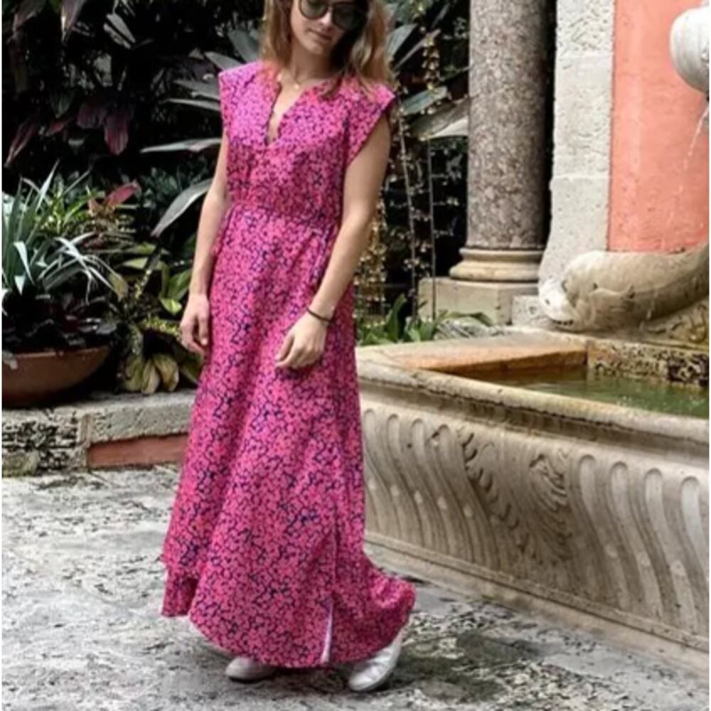 Derek Lam Pink Blue Floral Midi Dress MEDIUM Fit Flare Lightweight Designer $175 - Picture 7 of 12